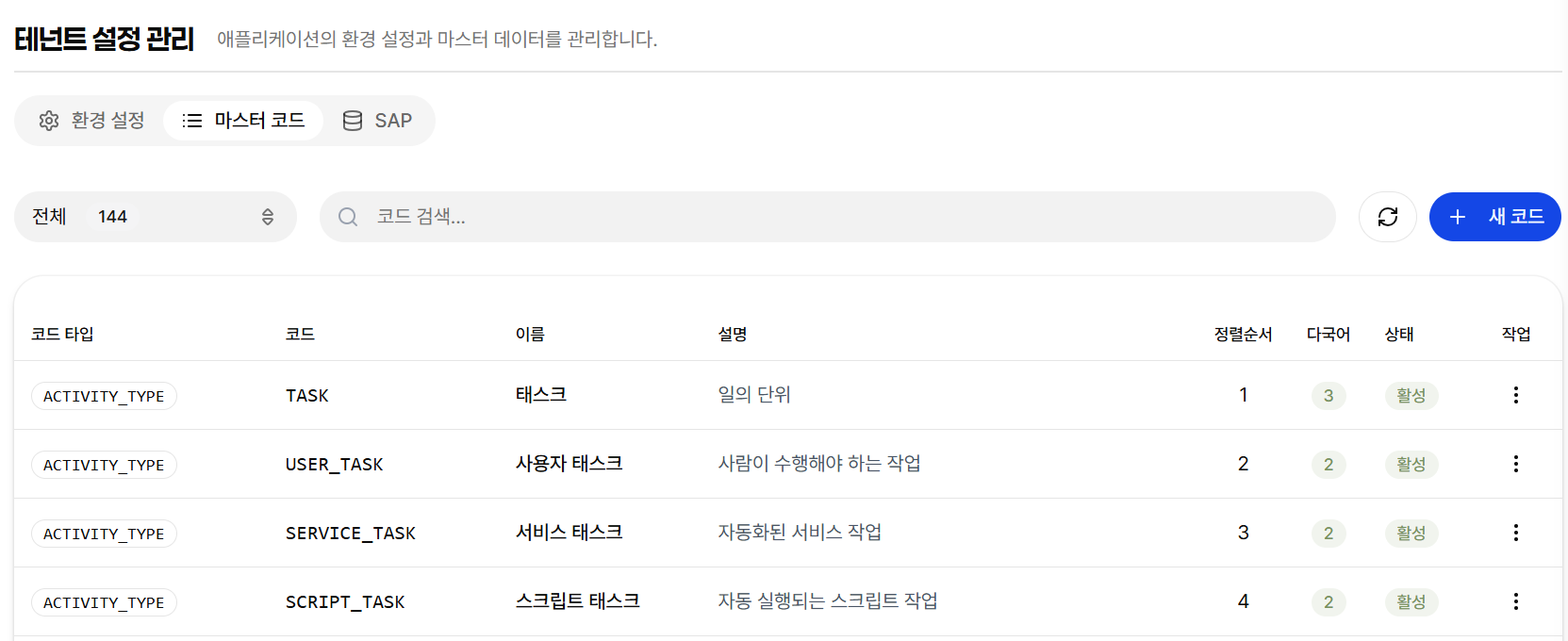 Tenant Admin 마스터 코드 목록
