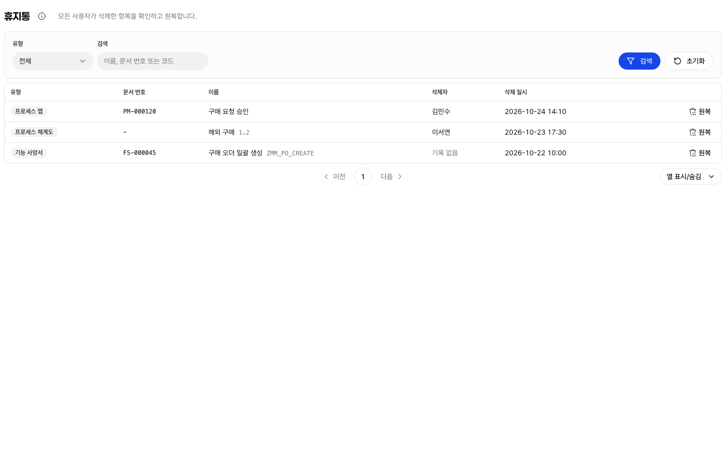 휴지통 목록